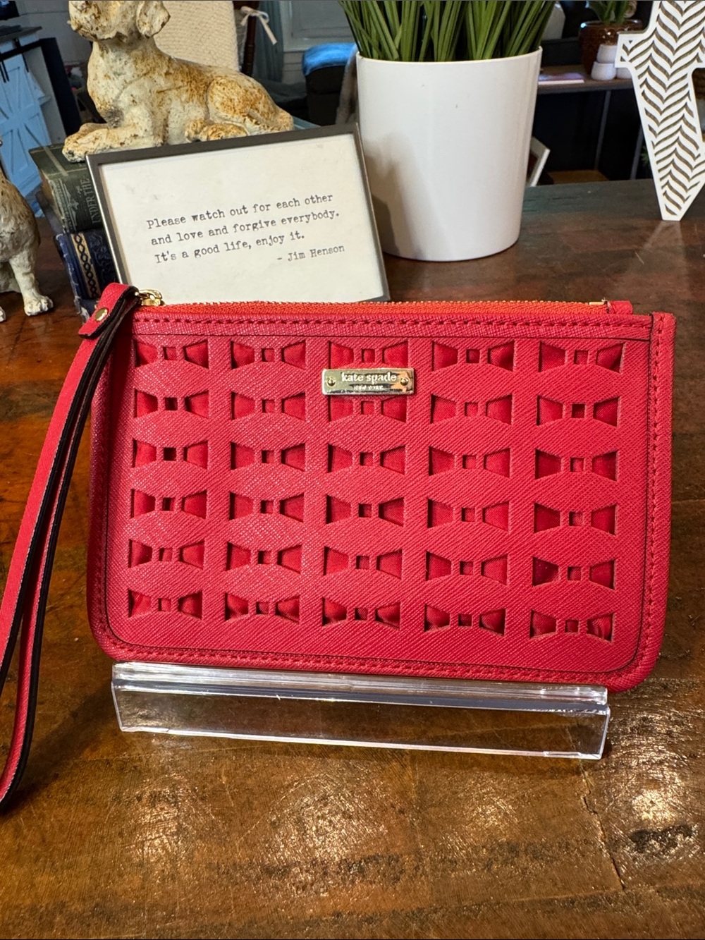 kate spade Red Laser-Cut Wristlet Clutch